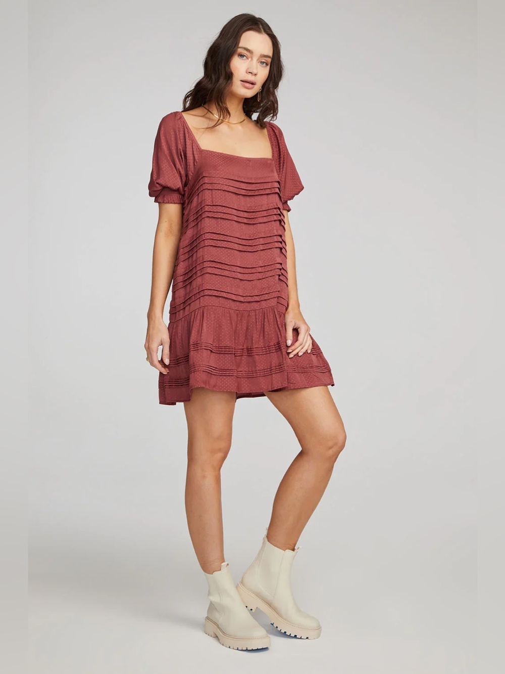 saltwater LUXE Mauve Square-Neck Tiered Mini Dress